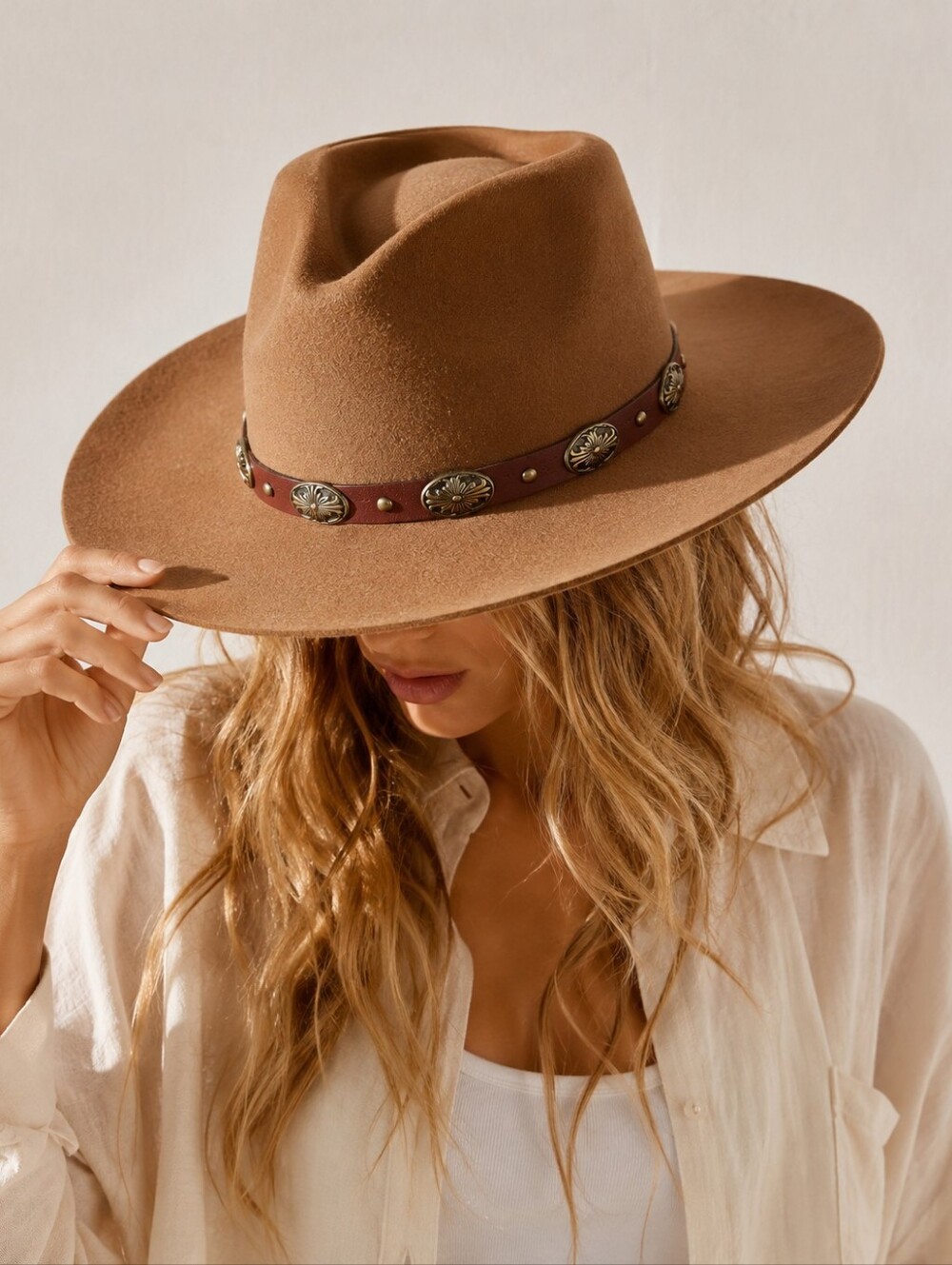 Macchia di Ruggine Wool Rancher Hat Camel Western Concho Wide Brim Fedora NWOT